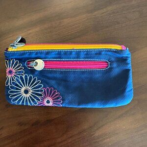 Travelon Safe ID Daisy Double Zip Clutch Wallet In Navy Travel Lightweight VGUC
